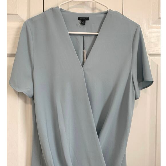 Ann Taylor NWT Baby Blue Draped Front Short Sleeve Wrap Blouse Medium - Picture 3 of 8